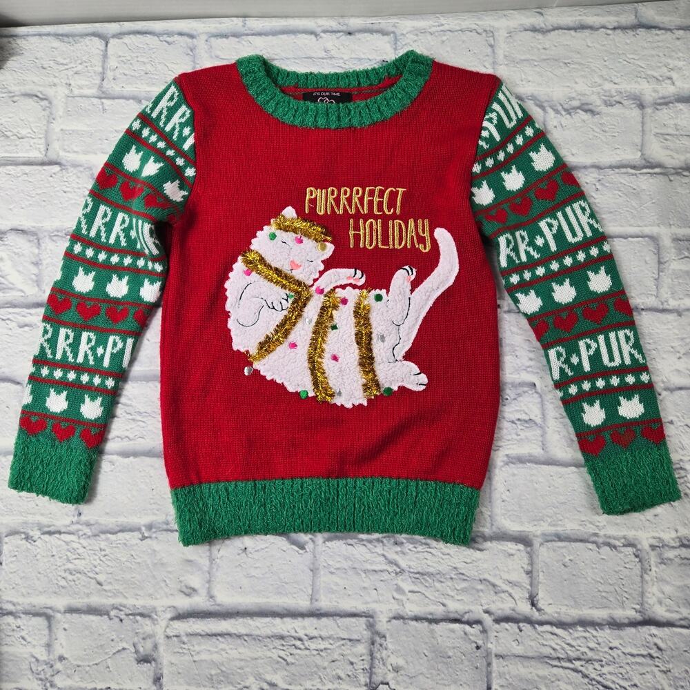 It's Our Time Girls Purrrfect Holiday Cat Sweater Fair Isle Red Tinsel size S